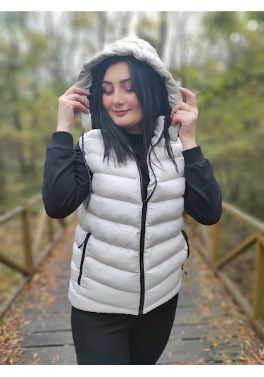 WAPP KADIN TAŞ RENK ÇIKARILABİLEN FERMUARLI KAPÜŞONLU ŞİŞME YELEK Taş