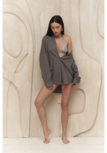 Charlotte Antrasit Oversize Keten Gömlek Antrasit