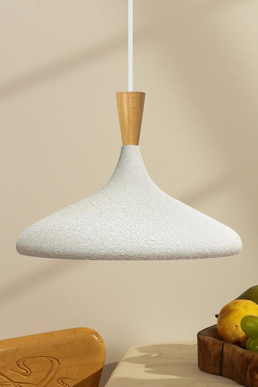 Champion Dokulu Açık Krem Ahşap Huni Tekli Avize Sarkıt Salon Mutfak Cafe Butik Aydınlatma Avize Dokulu Açık Krem