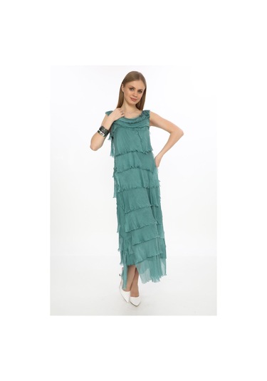 İnce Gösteren Kat Kat Kolsuz Ipek Elbise-8769 Filizi Mint