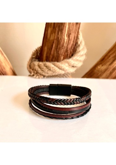 %100 Deri 5li Kombin Kahverengi Erkek Bileklik 21cm Türk Üretim Kahverengi - Siyah