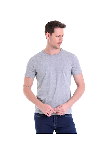Hatemoğlu Regular Fit Pamuk Bisiklet Yaka Düz Erkek Tişört Gri Melanj Gri