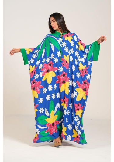 Kadın Mavi Çiçekli Sıfır Yaka Yarasa Kollu Oversize Uzun Elbise - Mavi