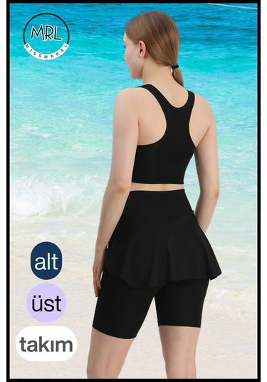 Kadın Siyah Takım Alt - Üst Biker Şort Diz Üstü &crop Bra Ped Destekli Denizde Havuzda Sporda Siyah