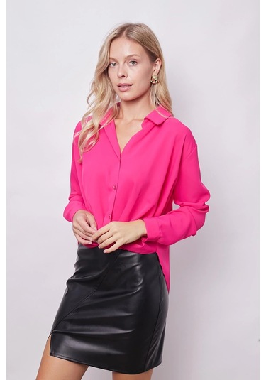 Yakalı Önü Pileli Uzun Kol Likrasız Şık Kumaş Gömlek-Fujya Fujya