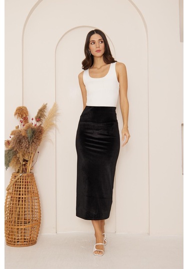 Kadın Siyah Kadife Maxi Boy Etek Dm2026 Siyah