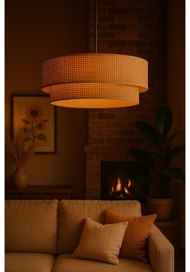 Modern Doğal Hazeran Rattan 2 Katlı Hasır Avize Kahverengi