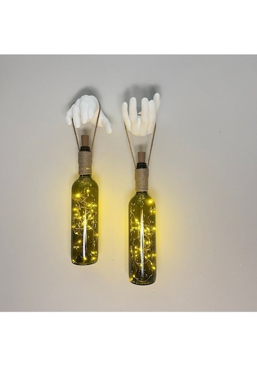 El Yapımı Heykel El Dekorlu Led Işıklı Yeşil Şarap Şişesi Aplik 2 Çok Renkli