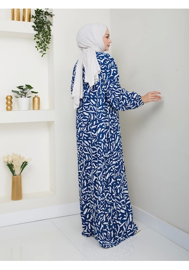 Desenli Önü Büzgülü Viskon Elbise - Mavi / E0131 Mavi