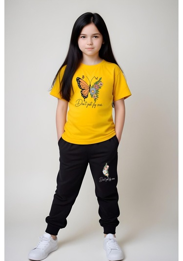 Don't Just Fly Baskılı Kız Çocuk Tişört Ve Eşofman Alt-üst Takım Sarı