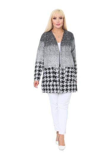 Melsay Butik Açık Gri Kazayağı Desen Kısa Büyük Beden Kadın Hırka Gri