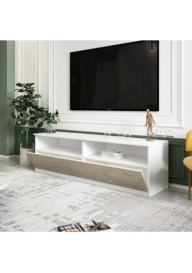 Centra Kapaklı Tv Sehpası,tv Ünitesi İstanbul Ceviz, Ev-ofis - Beyaz/traverten Beyaz/traverten