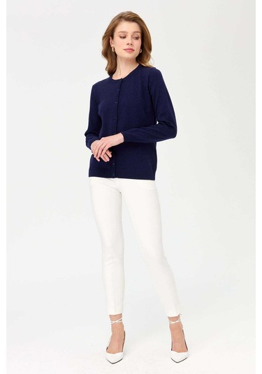 Desen Triko Kadın Sıfır Yaka Triko Yün Hırka 21031 Lacivert