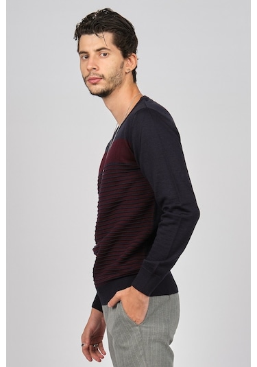Desen Triko Erkek Bisiklet Yaka Desenli Yün Kazak 0249639 Laciver Lacivert