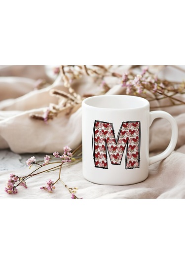 M Harfi Aşk Temalı Kupa - Kalp Desenli Kişiye Özel Romantik Sevgililer Günü Kahve Kupası Beyaz