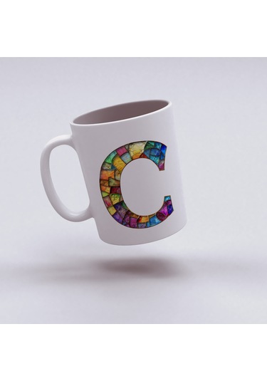 C Harfi Bardak 330 Ml İsme/harfe Özel Hediye, Renkli Harf Tasarım Beyaz