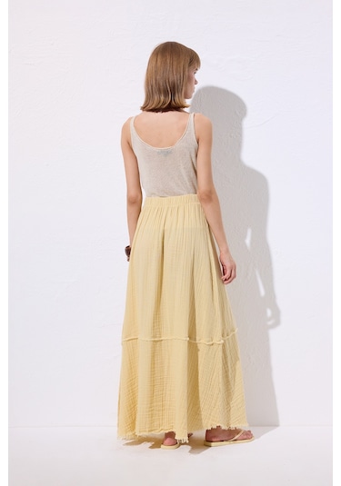 Müslin Katlı Geniş Etek Sarı Sarı
