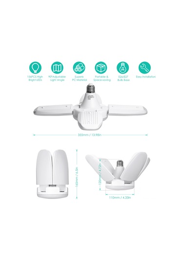 Ximistore9 Deformable 4 Panel Garaj Lambası, 60w 6000lm Beyaz Işık, 85-265v, E26/e27 Soket, Geniş Açı, Kolay Kurulum Beyaz