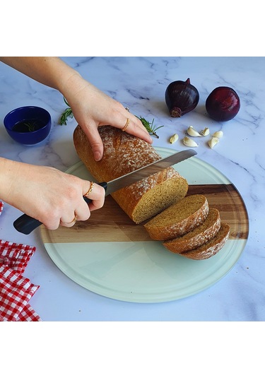 Kanallı Cam Kesme Tablası | Şerit Ahşap Görünüm | Çap32cm