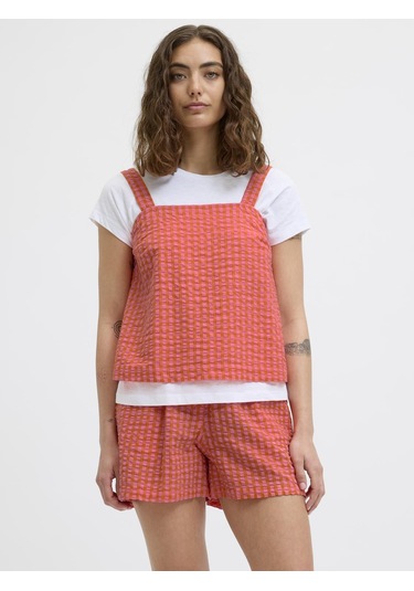 Jack & Jones Kadın Kalin Askili Ekose Desenli Bluz - Petra - 12277417 Persimmon Orange