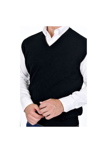Kamalı Siyah Erkek Çelik Örgü Intersiye Kışlık Kalın Triko V Yaka Triko Örgü Tüylenmez Süveter Siyah