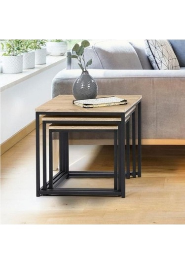 Eva Üçlü Doğal Ahşap Zigon Sehpa Siyah