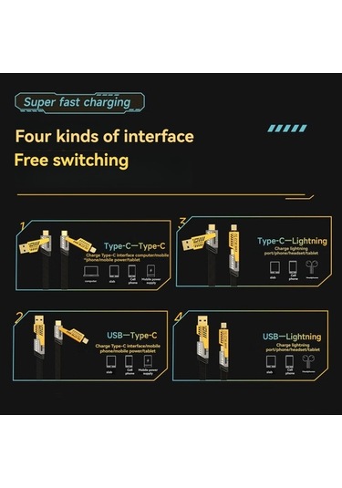 Willowhaven 65w Metal Mekanik 4-ü-1 Hızlı Şarj Kablosu, Nilon Örgü, İos/type-c Uyumlu, Araçta Kullanım, 1 Metre Kutulu