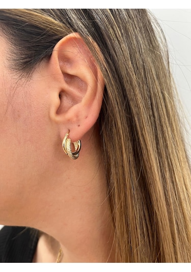 Altın Nesil - 14 Ayar Altın Kumlu Çift Halka Yuvarlak Küpe Altın - Beyaz Altın