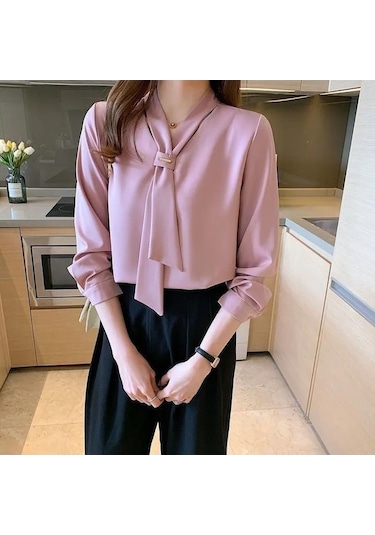 Novahub İlkbahar Ve Sonbahar Fiyonklu Profesyonel Beyaz Şifon Gömlek Kadın Bluz Mizaç V Yaka İçlik Yazlık Kıyafetler Pembe - L Pembe