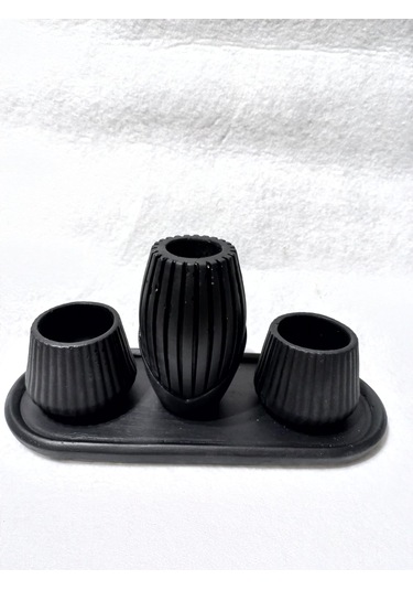 İskandinav Vazolu Tabaklı Tealight Mumluk Set Siyah Siyah