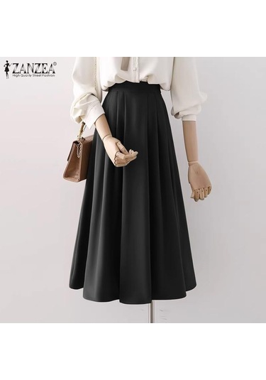 Zanzea Yaz Kadın Yüksek Bel Pileli Düz Renk Bol A Kesim Etek Kahverengi