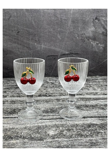 2 Li Kristal Cam Kahve Yanı Su Bardağı Kiraz Bardak Kirazlı 75ml
