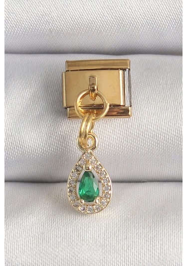 316l Çelik Gold Renk Sallantı Damla Yeşil Zirkon Taşlı Nomination Charm - Tj-bc1349 Çok Renkli