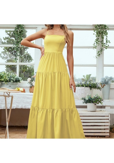 Hnxc Kadın Moda Yaz Bahar Düz Renk Baskı Kolsuz Kare Yaka Günlük Elbiseler Sarı