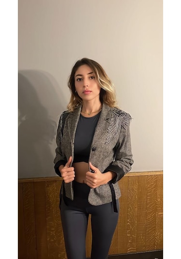 Gri Püskülü Cuber Kumaş Özel Tasarım Ceket Gri