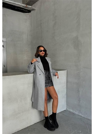 Neşeli Butik Kadın Astarlı Gri Melanj İthal Kaşe Kaban Nbg048 Gri Melanj