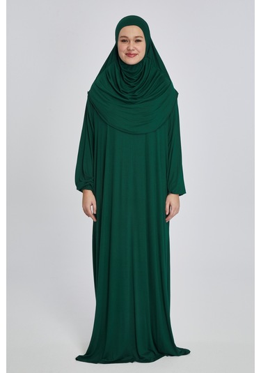 Pratik Başörtülü Rahat Giyilebilen Organik Tek Parça Namaz Elbisesi Zümrüt Zümrüt Yeşili