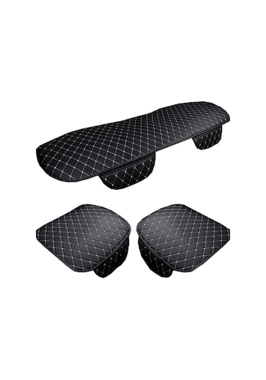 Oto Koltuk Koruyucu Cepli Üçlü Deri Minder Seti Siyah Deri Beyaz Nakışlı Ön Arka Araç Koltuk Minderi