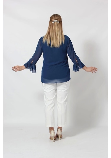 3119i İndigo Kolu Valon Ve Bağcık Detaylı Bluz Indigo