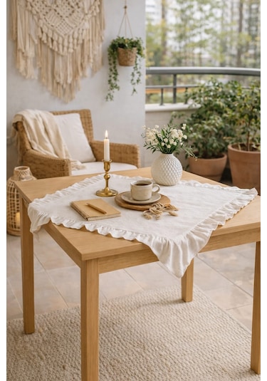 Fırfırlı Keten 80x80 Fiskos Runner Bohem Masa Örtüsü