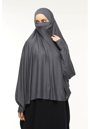 Kollu Sufle Çarşaf Üstü Peçeli Pratik Tesettür Hijab - Nikaplı Namaz Örtüsü Füme