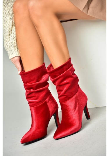 Fox Shoes R404020339 Bordo Kadife İnce Topuklu Büzgülü Kadın Bot Bordo