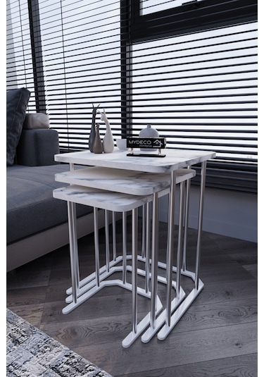 3' Lü Kare Zigon Sehpa Gümüş Ayak Beyaz Mermer Desen 18 Mm Mdf Gümüş - Beyaz Mermer