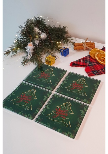 Decorita Cam Bardak Altlığı Happy New Year 4'lü Takım 10 CM x10 CM Yeşil