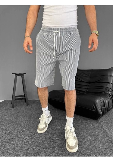 Su Yolu Çizgili Ön Arka Cepli Şort Yazlık Nefes Alabilir - Gri Gri