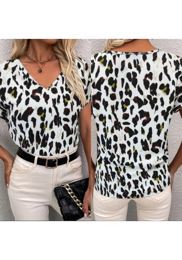 Sensuelle Kadın Kısa Kollu V Yaka Leopar Desen Krep Bluz LEOPAR