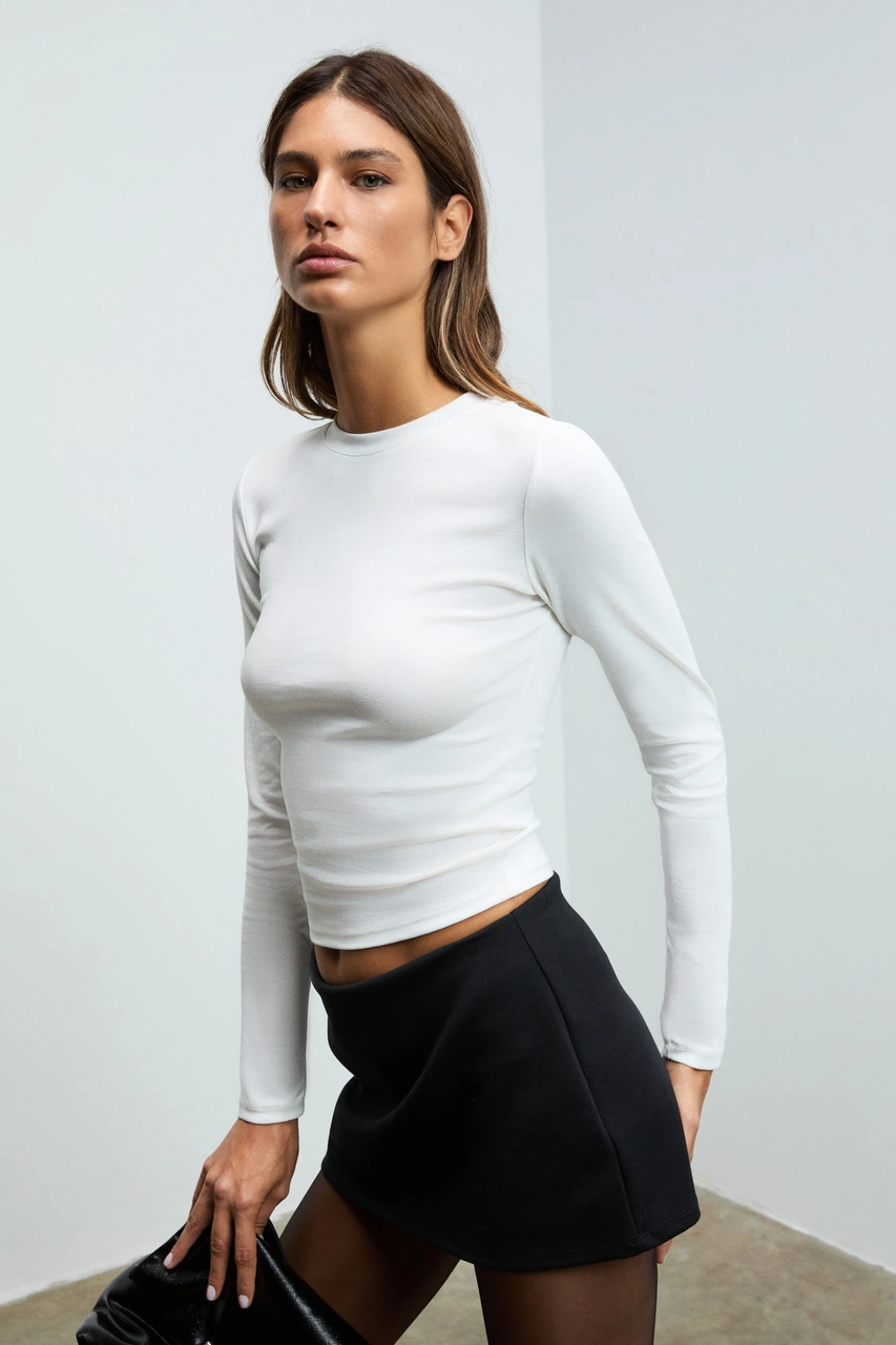 Grımelange Grıgros Kadın Esnek Kumaşlı Vücuda Oturan Slim Fit Uzun Kollu Beyaz T-shirt Beyaz