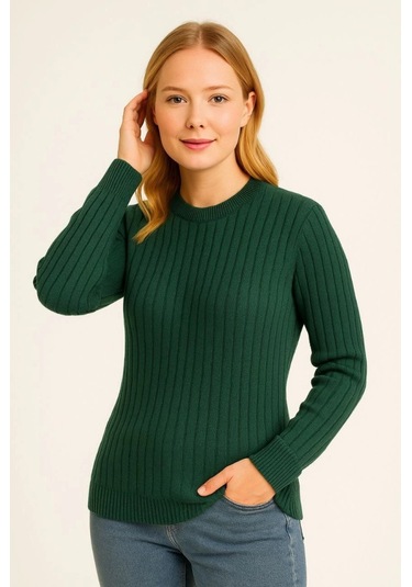 Bisiklet Yuvarlak Yaka Triko Kazak Pamuklu Kalın Fitilli Dokuma, Regular Fit Uzun Kollu Kışlık Model - Haki Haki