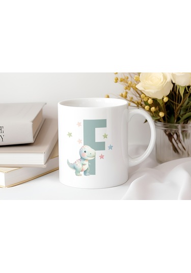 F Harfi Sevimli Dinozor Kupa Bardak - Açık Yeşil Yıldız Detaylı Dino Tasarım - Hediye Beyaz