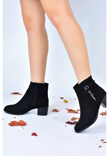 Fox Shoes Siyah Süet Kalın Topuklu Kadın Bot L674155202